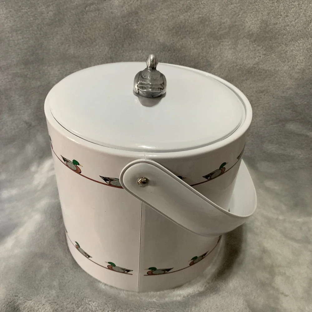 Georges Briard Vintage Mallard Duck Ice Bucket White Silver Finial Barware MCM